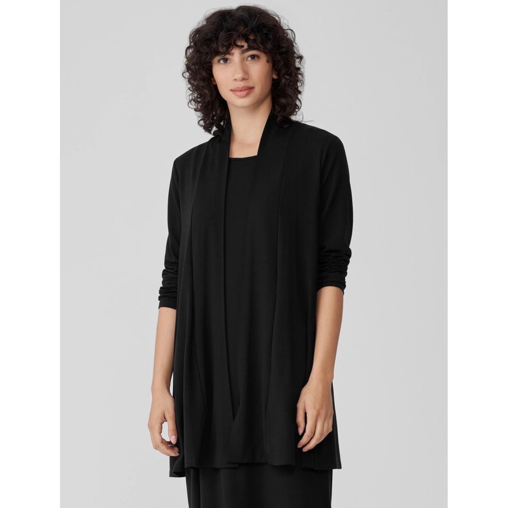 Eileen Fisher Long Line Black Jersey Knit Cardigan L Open Front Pockets Basic - Picture 10 of 10